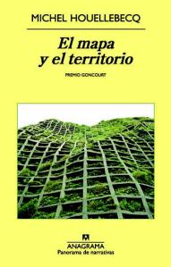 Cubierta de la edición de Anagrama de "El mapa y el territorio", con ilustración de vegetación inserta en una gradilla construida condiferentes alturas conformando un paisaje